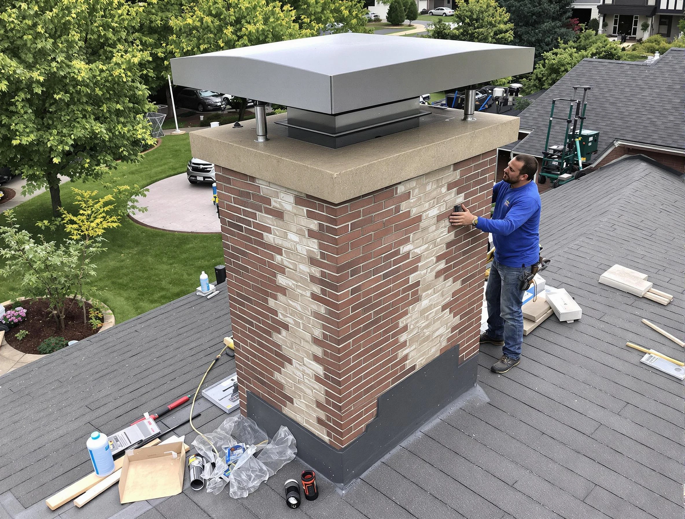 Kingfisher Chimney Sweep team working on a custom chimney remodel in Kingfisher, OK